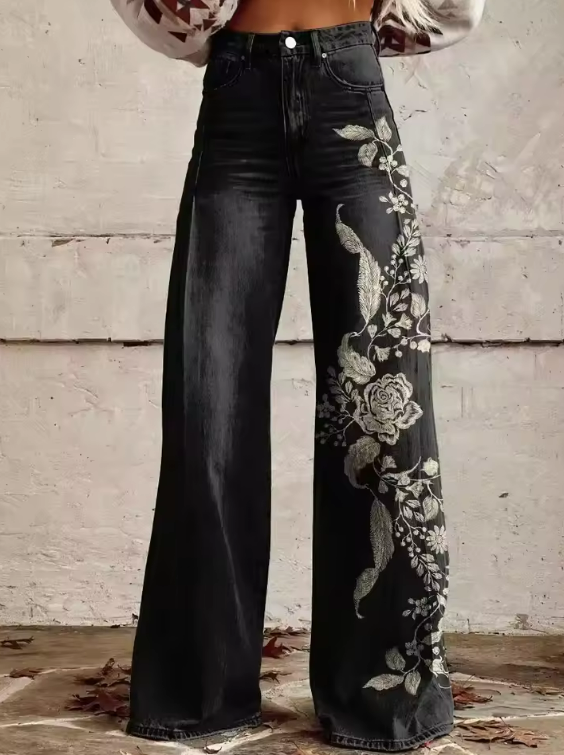 Marla | Pantalon Large Brodé Noir Bloom