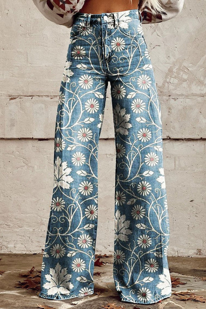 Élodie | Pantalon Large Vintage à Imprimé Marguerites